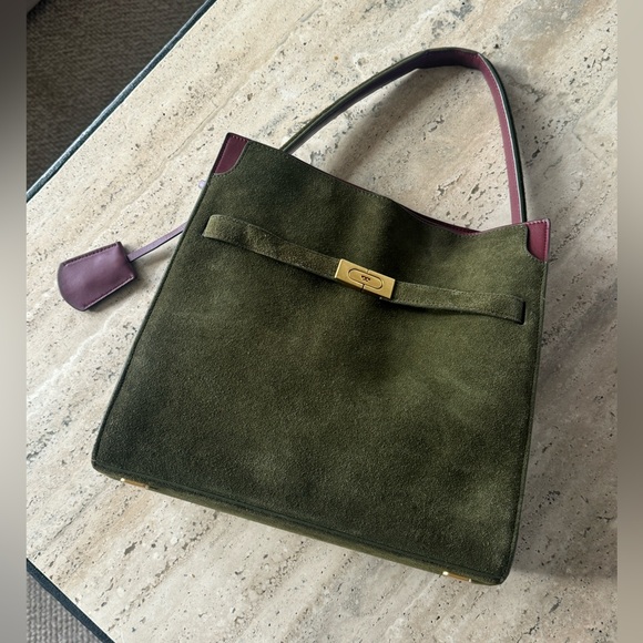 Tory Burch Lee Radziwill Green Suede Double Handbag - Picture 5 of 6
